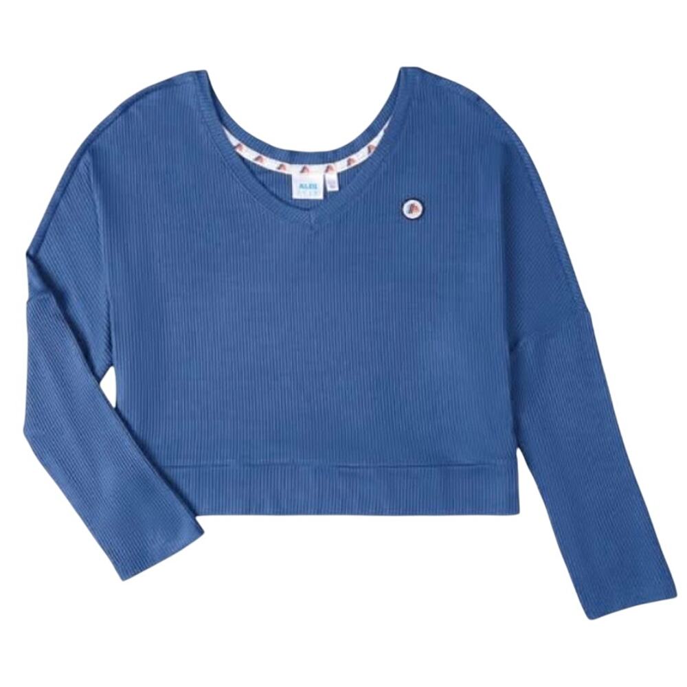 Aldi Gear Blue Cozy Ribbed V-Neck Slouchy Cropped Tencel Modal Top Size L